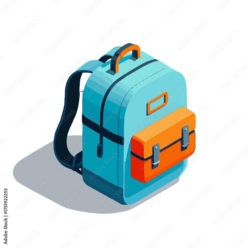 Fototapeta premium Bright blue backpack with an orange front pocket, featuring straps and handle