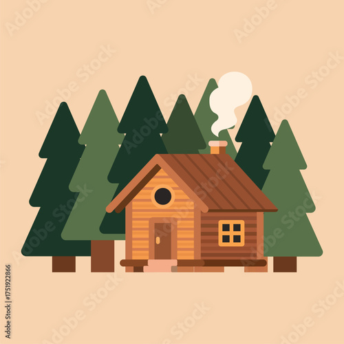 Small wooden cabin in pine forest in flat illustration, warm natural colors, ideal for nature, camping, and adventure design projects