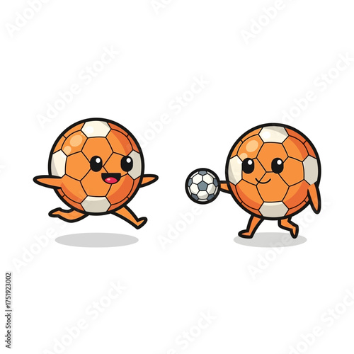 Two Cartoon Soccer Balls Playing with a Smaller Ball.
