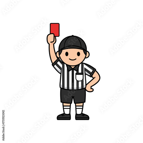 Cartoon illustration of a smiling soccer referee holding up a red card.