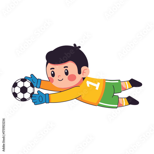 Cute cartoon boy goalkeeper diving to save soccer ball.