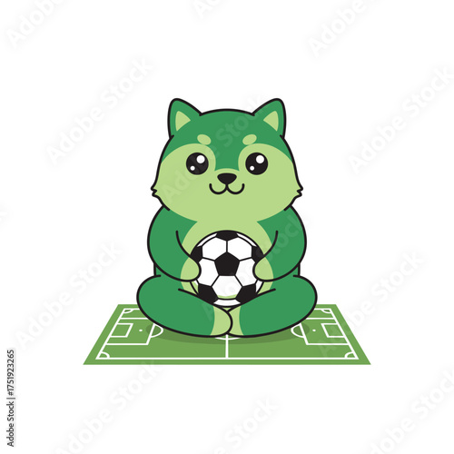 Cute green cartoon dog character sitting and holding a soccer ball.