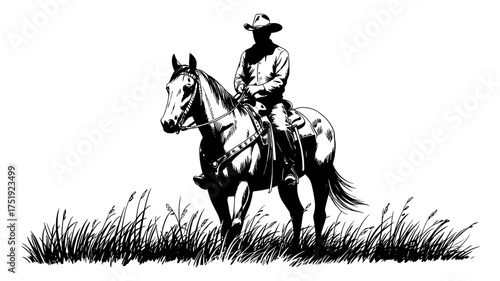 Black and white vector illustration of a cowboy on horseback standing in tall grass, representing western lifestyle and rural countryside.