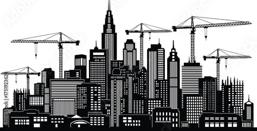 Urban skyline silhouette, construction cranes, cityscape illustration, modern architecture, high-rise buildings, infrastructure growth, black and white vector, metropolitan development