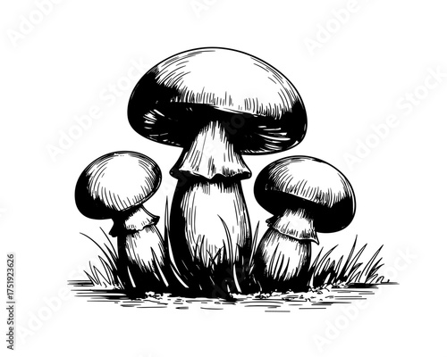 Detailed hand-drawn vector illustration of mushrooms growing in grass, perfect for nature, forest, botanical, and organic food design themes.
