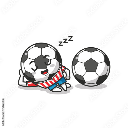 Cute cartoon soccer ball character sleeping peacefully next to a football.