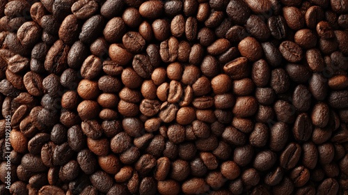 Overhead close up shot of roasted coffee beans texture