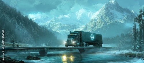 Truck driving through a snowy mountain pass