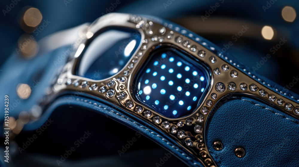 Obraz premium Close-up of a luxury dog collar with blue leather, gold accents, and embedded light display
