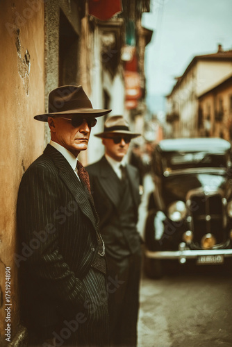 Mafia Cosa Nostra bandits waiting by a vintage car in a narrow street