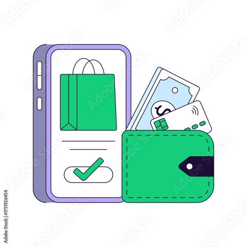 A colored design illustration of mobile shopping