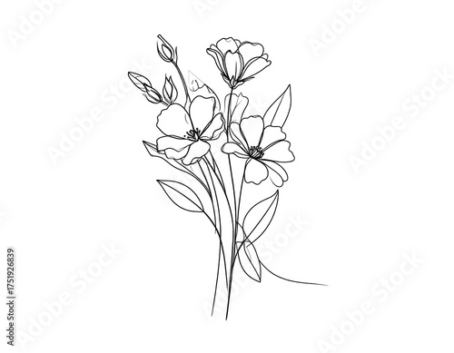 Simple black and white line drawing of a floral bouquet, depicting open blooms and buds with elongated leaves