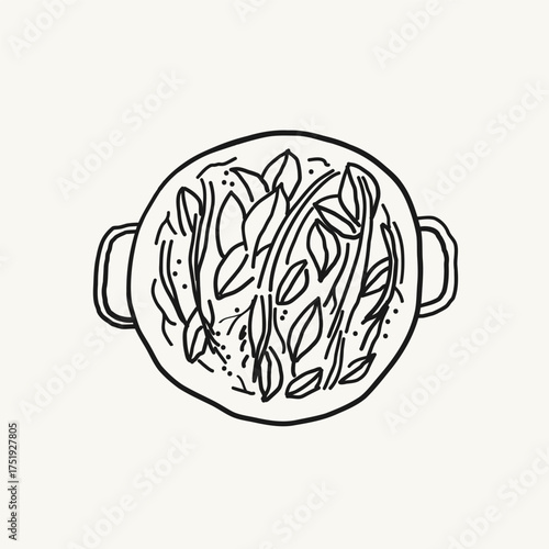 Ayahuasca herbal brew sketch on isolated background. Religious drink made from Leana and chacruna shrub leaves, inhibitor. Cleansing, meditation, Kundalini. Vector illustration. Design element 