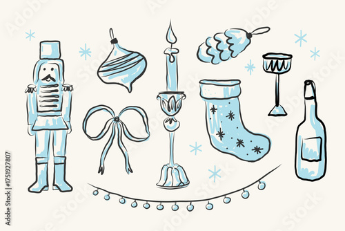 New Year vintage set in colored sketch style. Vector festive doodle with candle, bow, Christmas tree decorations, garland, champagne, nutcracker, gifts, snow. Hand drawn modern Xmas for design, flyer