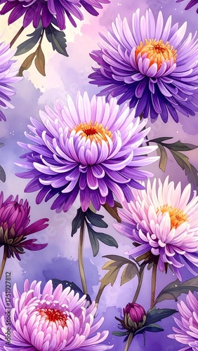 Vibrant purple and pink chrysanthemum blossoms on a soft purple background, detailed with watercolor-like texture