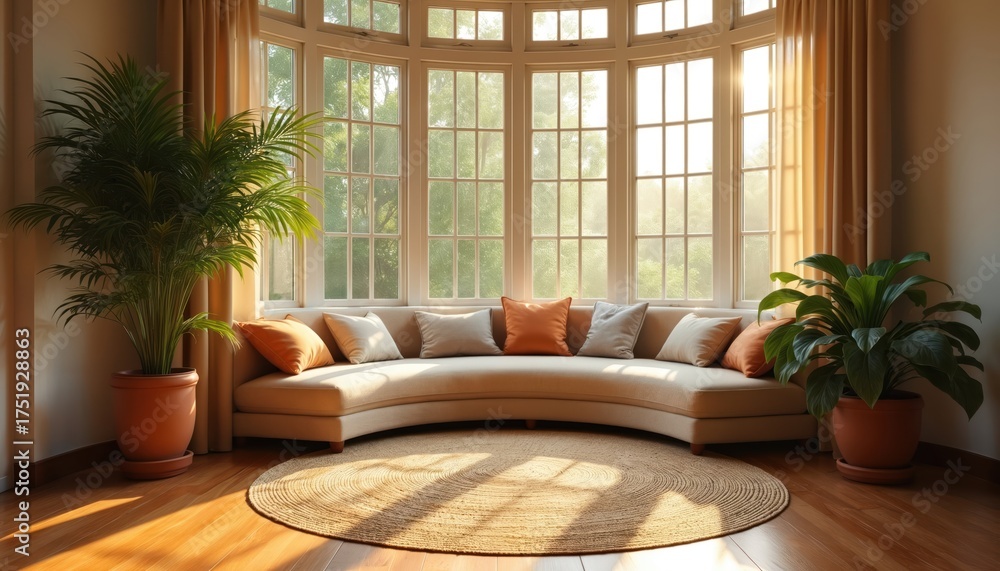 Fototapeta premium Bright living room interior. Comfortable curved sofa with pillows near bay window. Green plants in pots. Natural sunlight through windows. Cozy home decor, relaxation scene. Sunlight on hardwood floor
