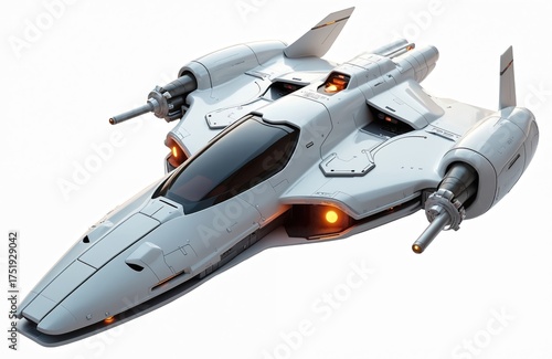 Futuristic white spaceship isolated on white background. Advanced aircraft sleek lines, orange glowing accents. Features visible engines, weaponry. Spacecraft appears ready for interstellar travel