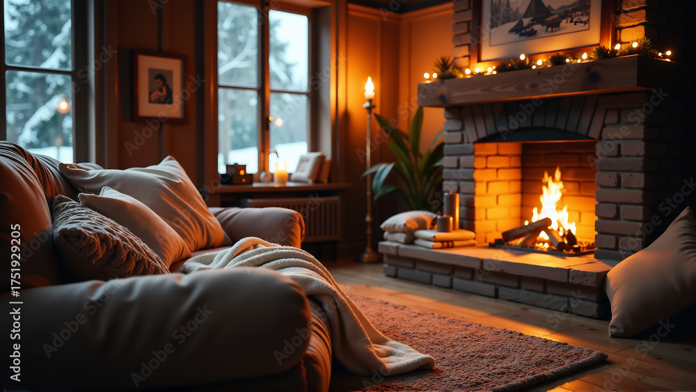 Fototapeta premium A cozy indoor scene with warm lighting, a fireplace, and comfortable blankets, evoking a sense of warmth and relaxation during winter.