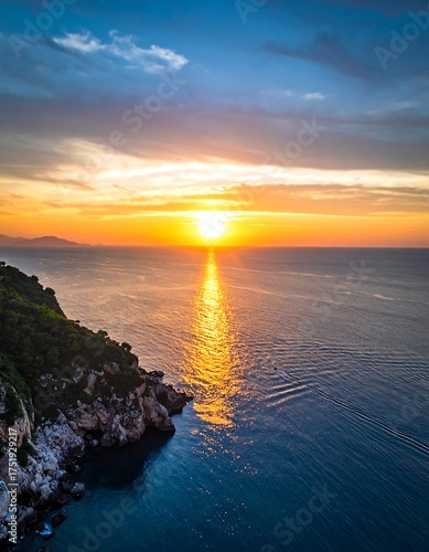 Vibrant sunrise over calm ocean, cliffside view