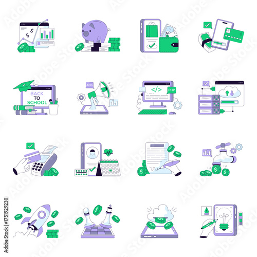 Set of Business Flat Line Illustrations 

