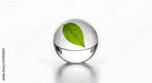 A pristine green leaf encased within a crystal clear sphere, symbolizing nature's purity and delicate beauty against a clean white background
