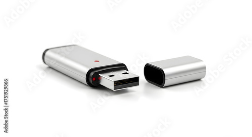 Close-up of a silver USB flash drive with its cap removed, revealing the connector, isolated on a white background