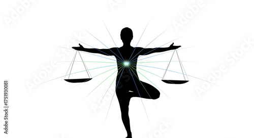 Yoga figure in silhouette balancing scales with radiating energy, representing harmony and well-being