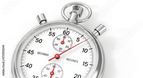 Close-up of a classic analog stopwatch isolated on a white background, showing the passage of time and precision measurement