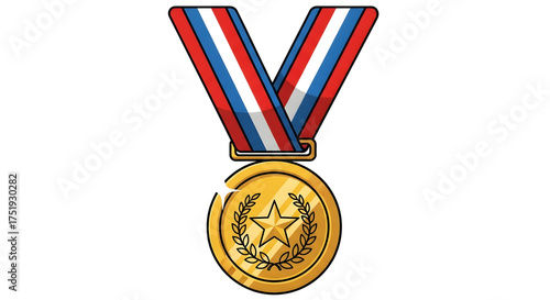 Golden award medal with red, white, and blue ribbon, symbolizing achievement and victory