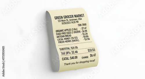 Shopping receipt from a local market, detailing organic produce, artisan bread, and fresh herbs, with taxes and change calculated