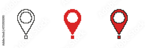 Layered Outline Geotag Marker Pixelated Icon Set. Pixel Art Symbol Collection of Targeted Drop Point. Isolated Vector Illustration.
