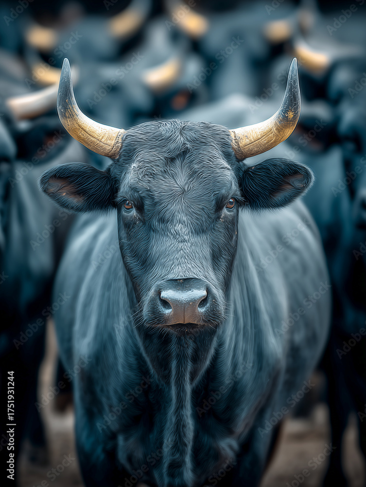 Naklejka premium Majestic black bulls with golden horns standing boldly in a herd during dusk camera shot