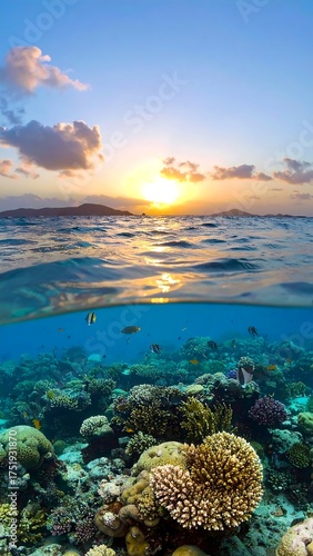 Vibrant sunset over a calm ocean, meeting a lively underwater coral reef scene