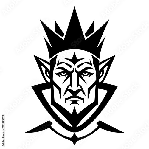 Vector illustration of a powerful and authoritative fantasy character's face, such as an Evil King, Vampire, or Dark Elf, complete with a pointed crown and high collar.