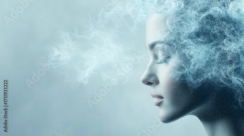 Woman's Profile with Eyes Closed and Energy Emanating from Her Head in a Cold Blue Tone.