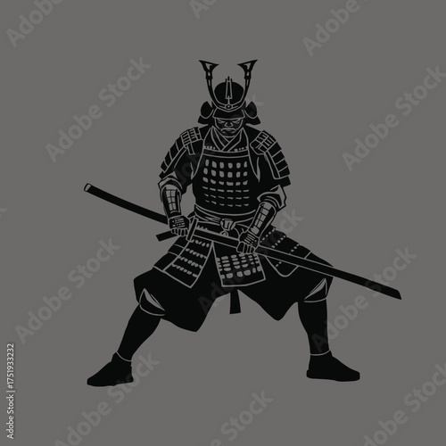Silhouette of a japanese samurai warrior in full armor holding a katana isolated on transparent background