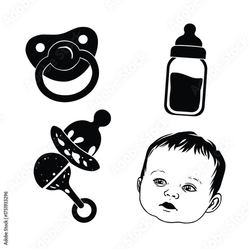 Baby essentials silhouette pacifier bottle and rattle isolated on transparent background