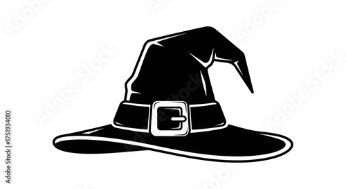 Classic black witch's hat illustration with a prominent buckle, perfect for Halloween, magic, and fantasy themes, representing sorcery, festive celebrations, and costume parties