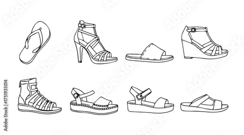 Collection of diverse fashionable footwear designs fashion sketches styles apparel accessories vector