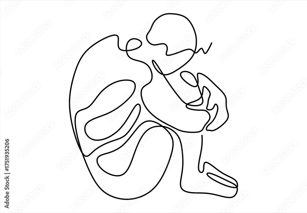 Fototapeta premium Minimalist Line Art of a Person Huddled in Sadness. line icon-continuous line drawing. Editable stroke. 
