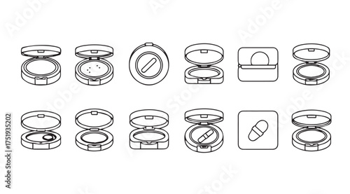 Collection of powder compacts and makeup containers isolated sketches for beauty and cosmetics design vector