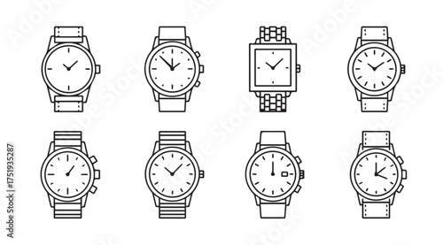 Collection of eight hand-drawn style wristwatches featuring various dials and bands vector