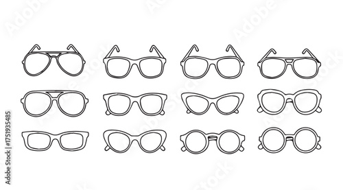 Collection of diverse eyeglasses styles and frames in artistic sketchy line drawing art vector
