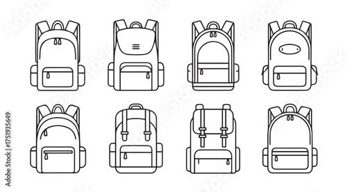 Collection of eight different backpack designs outline style for school and travel use vector