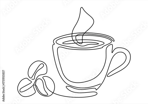 Continuous Line Drawing of Coffee Cup and Beans. line icon-continuous line drawing. Editable stroke. 
