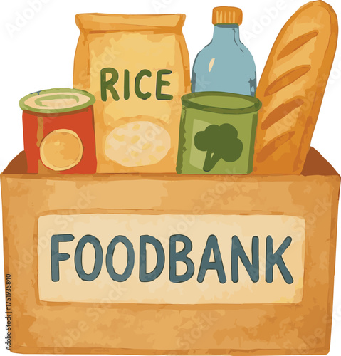 Watercolor vector illustration of food in foodbank