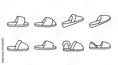 Collection of eight different styles of hand-drawn slippers and footwear presented clearly vector