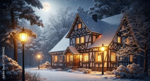 Enchanting Winter: Snow-Covered Tudor House Aglow Under Moonlight, Festive Lights, and Snowy Forest