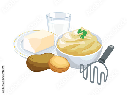 Bowl of mashed potatoes, butter, milk and a potato masher vector illustration. Making mashed potatoes icon set on a white background. Mashed potato, glass of milk, butter on a plate still life