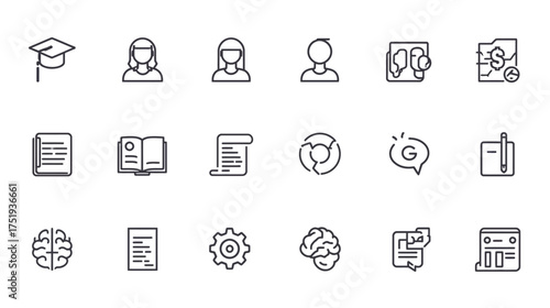 Collection of educational and business icons in outline style.